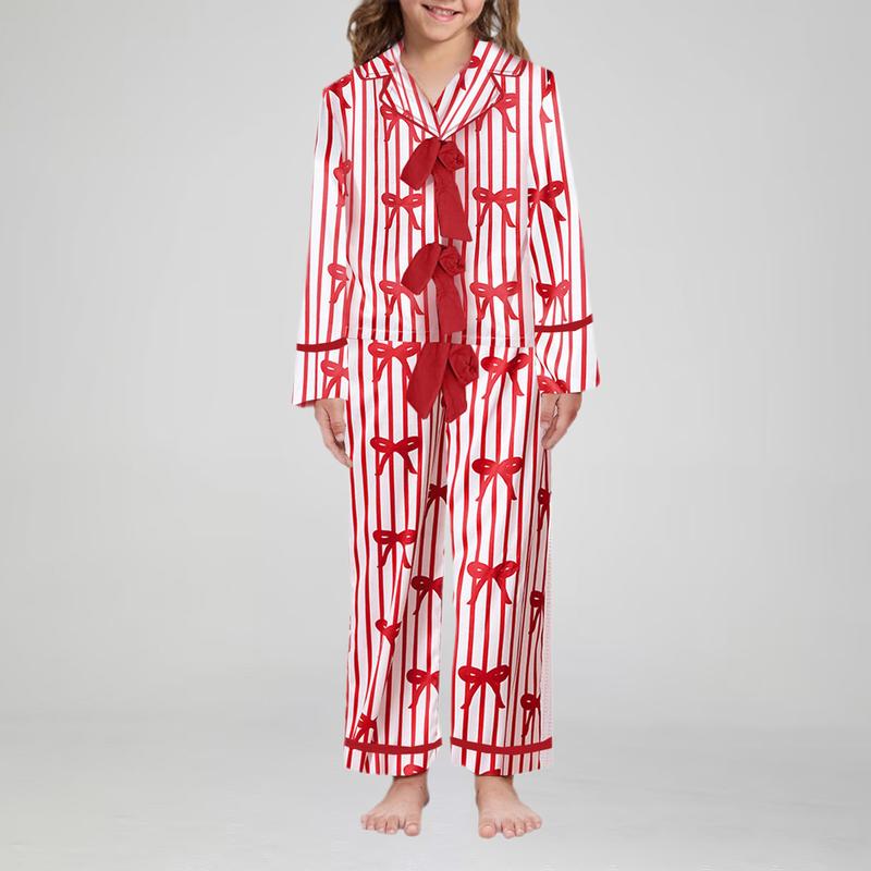 2 Piece Mommy and Me Matching Holiday Pajamas Bow Heart Print Tie Front Long Sleeve Tops and Long Pants Set Family Matching Sleepwear