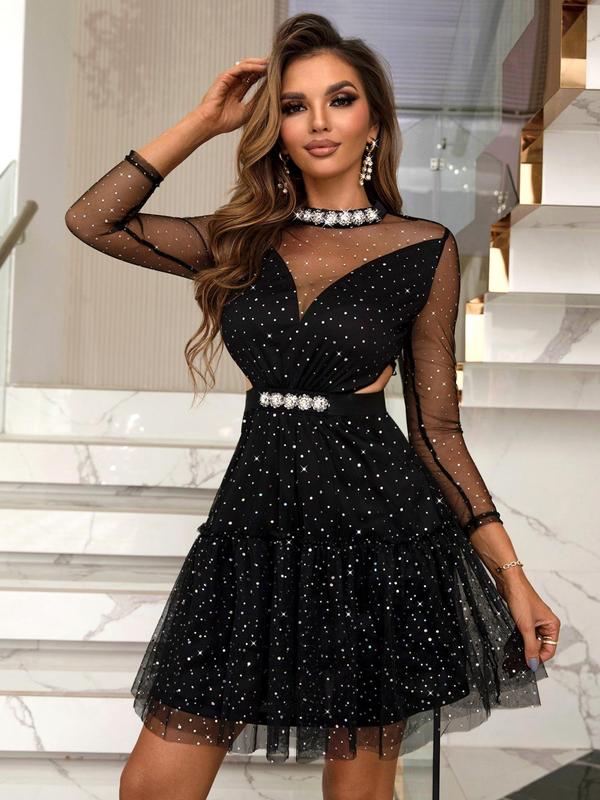 Women's Rhinestone Decor Cut Out Contrast Mesh Party Dress, Elegant Round Neck A Line Short Dress For Party Evening Formal Occasions, Ladies' Spring & Fall Clothes