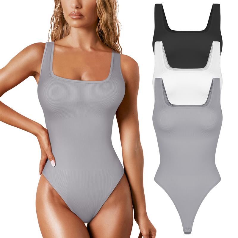 EUYZOU Womens Shapewear Bodysuit Tummy Control Thong Seamless Ribbed Square Neck Jumpsuit T-Back Nylon Womenswear Compression Fit