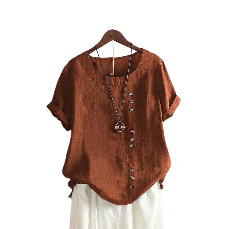 Women's Cotton Linen T-Shirts Short Sleeve Tunic Tops Casual Loose Blouse