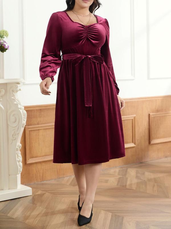 CURVZY Plus Size Solid Ruched Tie Front Velvet Dress, Elegant Bishop Sleeve Sweetheart Neck A Line Dress for Party Holiday Wedding Guest, Women's Clothes for Fall & Winter