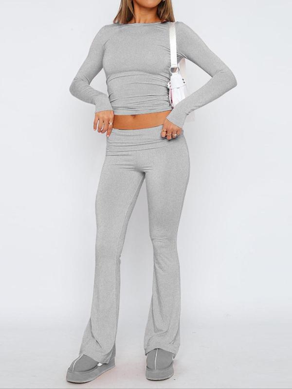 Women's Solid Long Sleeve Crop Tee & Flared Pants Loungewear Set, Casual Round Neck Top & Bell Bottoms Leggings Lounge Wear Set, Sleepwear Set for Women