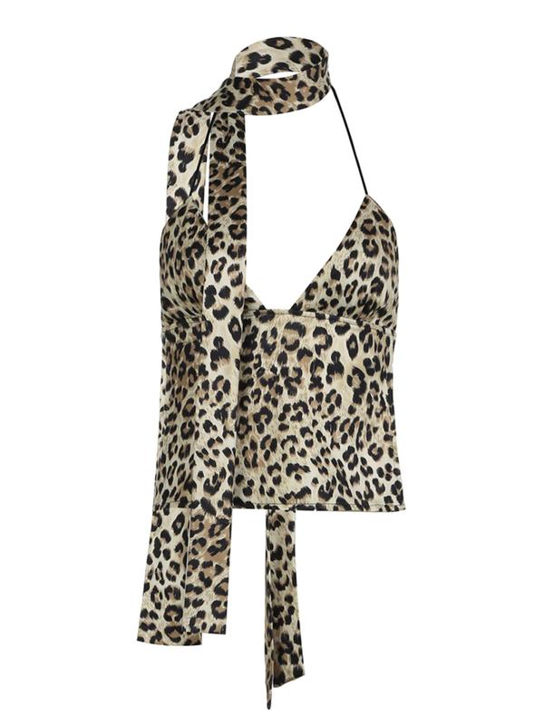 Women's Leopard Print Tie Back Crop Halter Top with Scarf, Fashion Casual Backless Sleeveless Top for Daily Outdoor Wear, Women Top Clothes for Summer