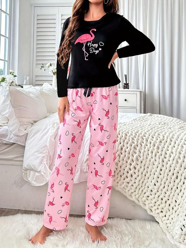 Two-Piece Set Women's Flamingo & Heart Print Pajama, Casual Comfy Long Sleeve Tee & Pants, Ladies Sleepwear for Spring & Fall