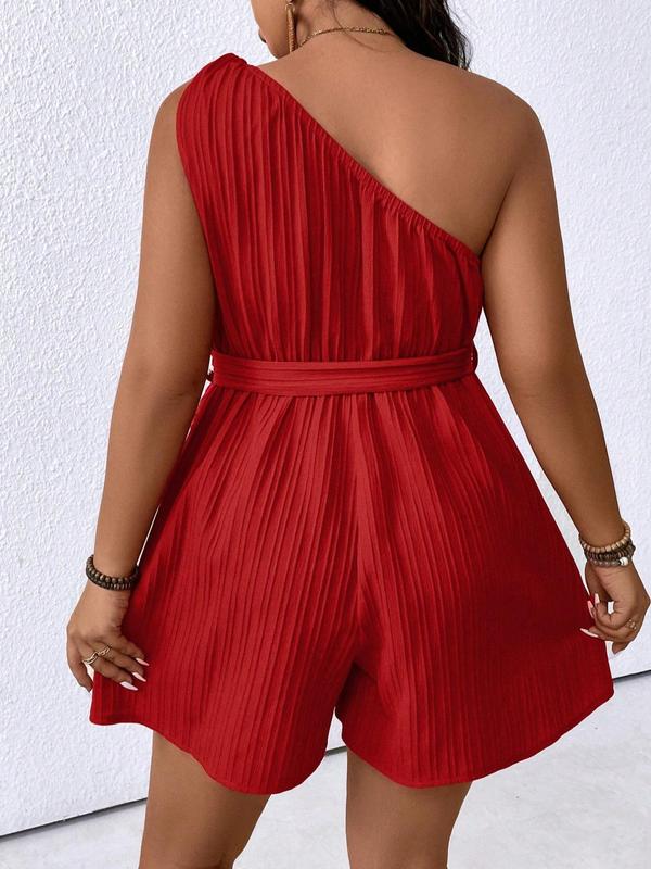 Plus Size Solid Textured One Shoulder Belted Romper, Casual Sleeveless Wide Leg Playsuit for Summer, Women's Clothes for Daily Wear