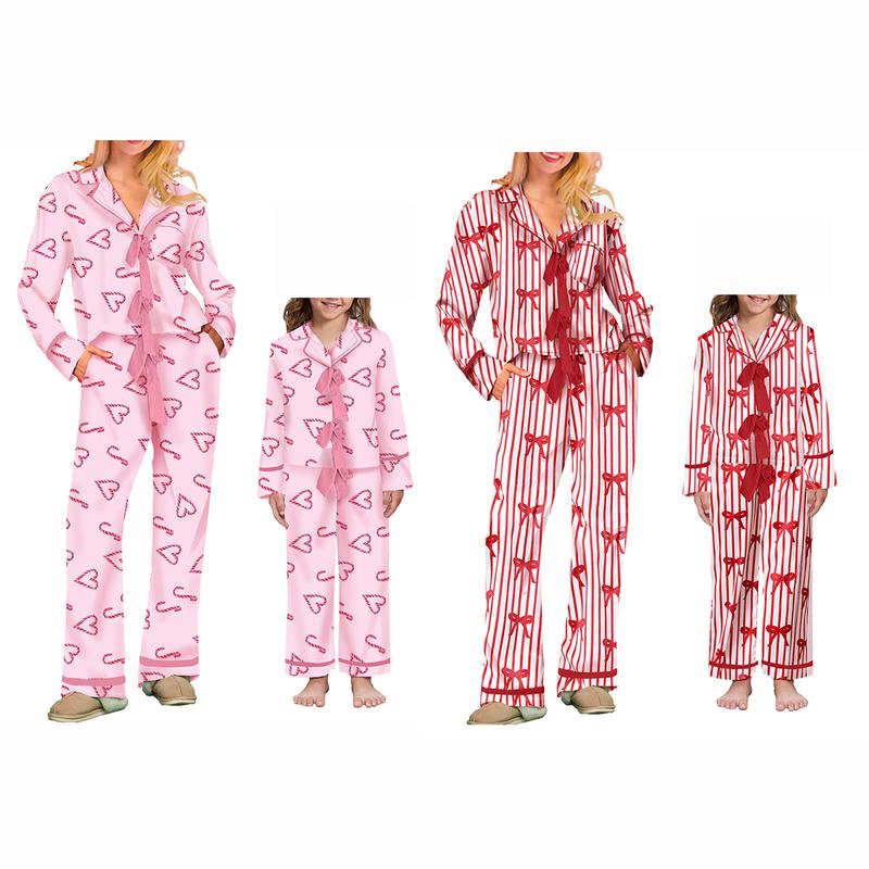 2 Piece Mommy and Me Matching Holiday Pajamas Bow Heart Print Tie Front Long Sleeve Tops and Long Pants Set Family Matching Sleepwear