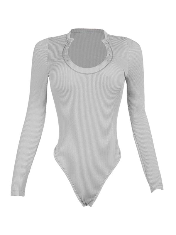 Women's Plain Ribbed Scoop Neck Long Sleeve Bodysuit, Casual Solid Tight Sleeve Bodysuit for Fall & Winter, Women's Clothes for Daily Wear