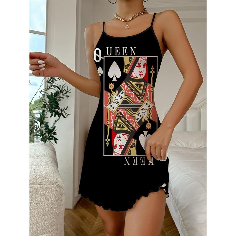 Poker Printing Nightgown, Casual round Neck Backless Flounced Nightdress, Women's Sleepwear