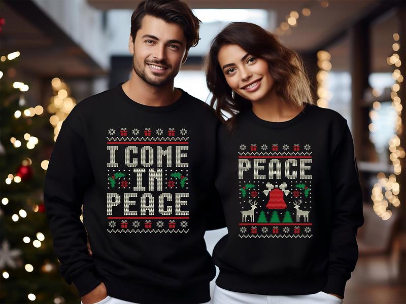 Ugly Christmas Matching Couples Sweatshirt, Funny Couples Christmas Sweater, I Come In Peace Shirt Adult Humor Xmas Sweater, Couples Pajamas