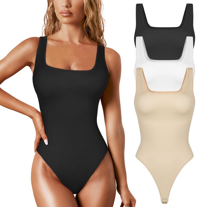 EUYZOU Womens Shapewear Bodysuit Tummy Control Thong Seamless Ribbed Square Neck Jumpsuit T-Back Nylon Womenswear Compression Fit