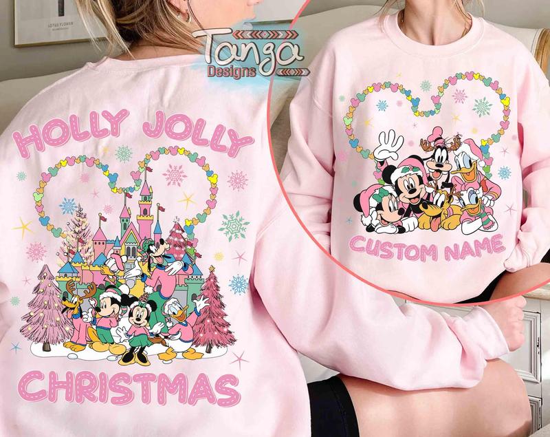 Customize Santa Mickeyss & Friends Holly Jolly Pink Christmas Sweatshirt, Wdw Mickeysss Very Merry Christmas Matching Tee, Wdw Family Trip