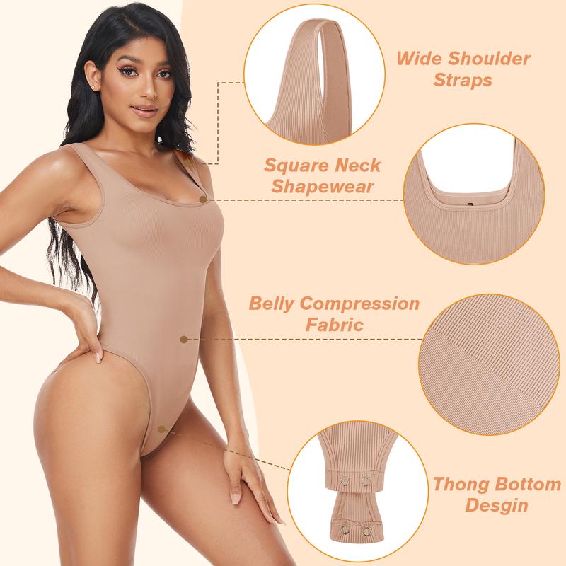 EUYZOU Womens Shapewear Bodysuit Tummy Control Thong Seamless Ribbed Square Neck Jumpsuit T-Back Nylon Womenswear Compression Fit