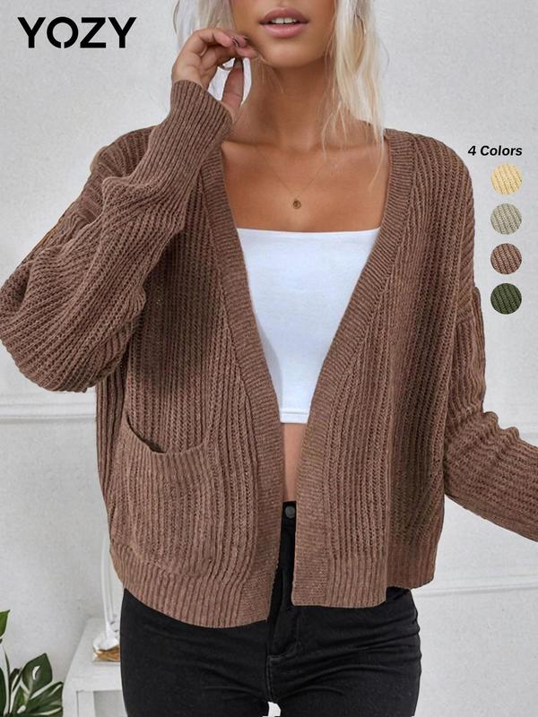 YOZY [4 colors] Boho Plain Pocket Drop Shoulder Cardigan, Flounce Sleeve Button Front Knitwear, 2024 Women's Summer & Fall Outfits for Daily Wear