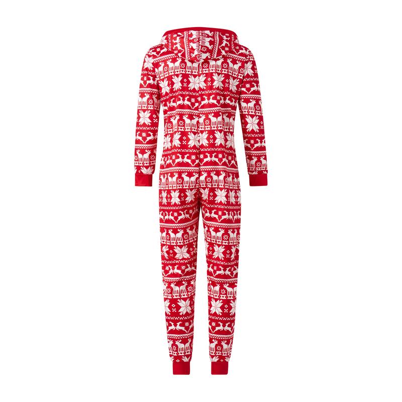 Family Matching Christmas Pajamas Romper Snowflake Deer Print Hooded Long Sleeve Zipper-Up Jumpsuits Sleepwear Womenswear