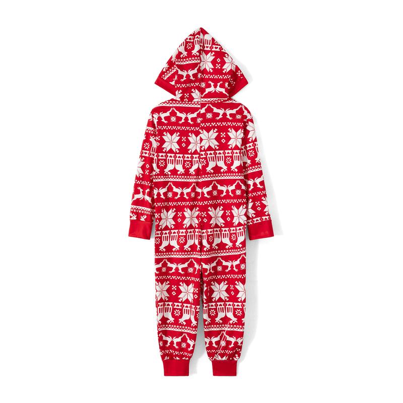 Family Matching Christmas Pajamas Romper Snowflake Deer Print Hooded Long Sleeve Zipper-Up Jumpsuits Sleepwear Womenswear