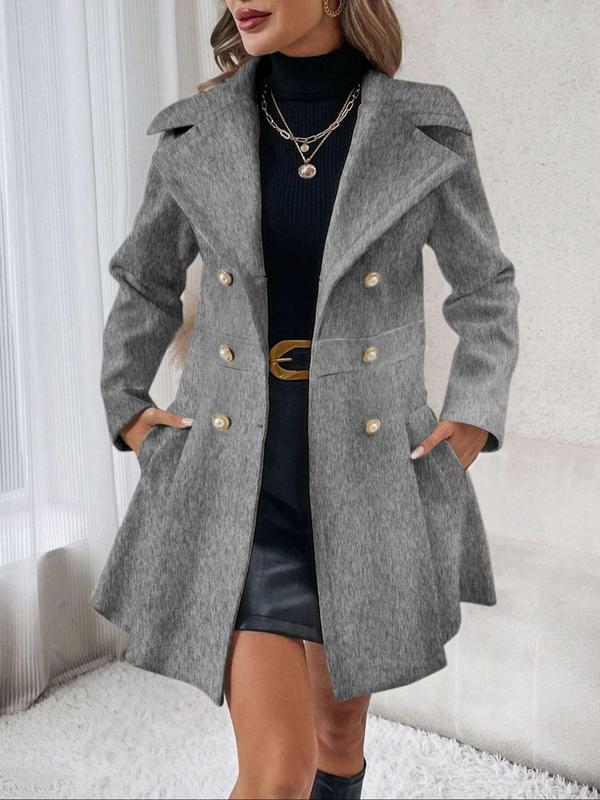 Women's Solid Double Button Pocket Lapel Pea Coat, Casual Long Sleeve Outerwear for Fall & Winter, Ladies Clothes for Daily Wear