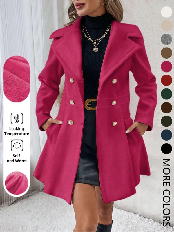 Women's Solid Double Button Pocket Lapel Pea Coat, Casual Long Sleeve Outerwear for Fall & Winter, Ladies Clothes for Daily Wear