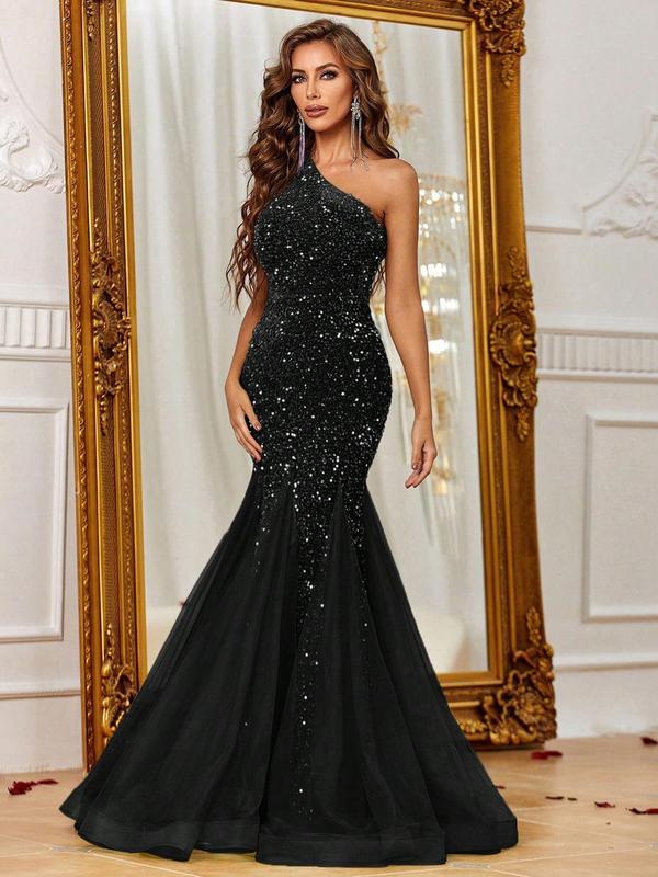 Women's Glitter Sequin One Shoulder Mermaid Evening Dress, Elegant Formal Wear, Sleeveless Contrast Mesh Maxi Dress for Evening Party Gown, Ladies' Clothes for All Seasons