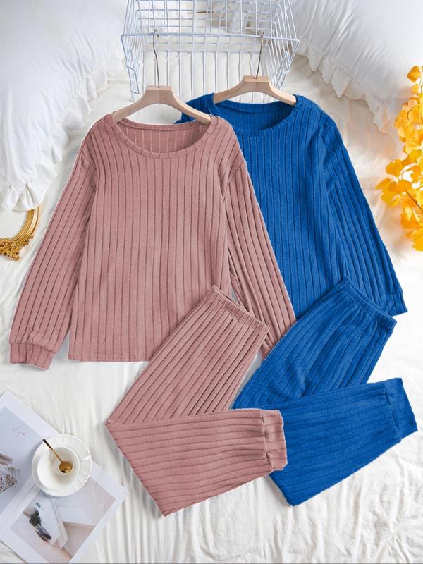  Solid Ribbed Long Sleeve Top & Leggings Loungewear Set, Casual Comfy Round Neck Top & Skinny Pants Lounge Set, Women's Loungewear for All Seasons