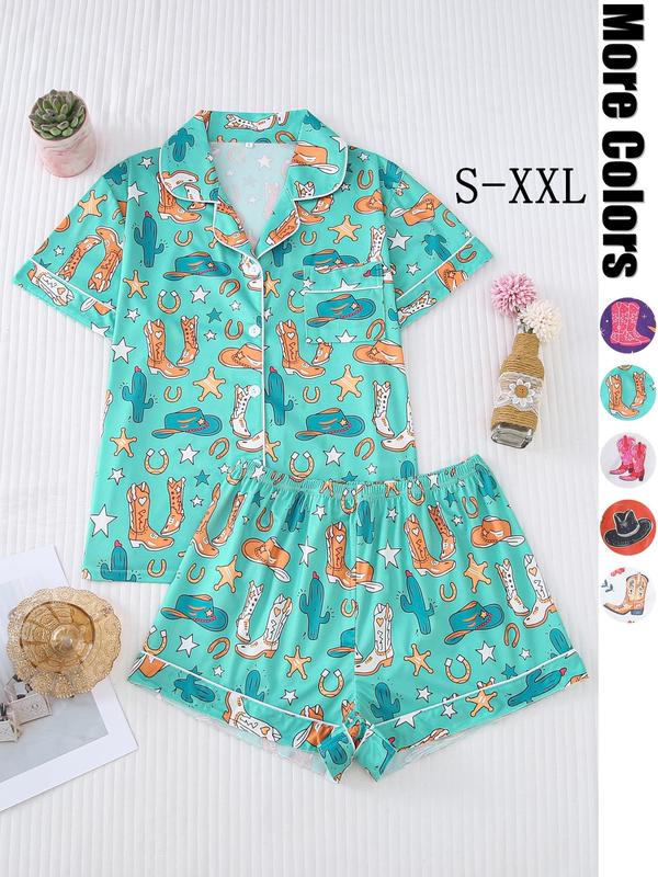 Two-Piece Set Women's All Over Cowboy Print Lapel Neck Button Front Pajama, Casual Comfy Short Sleeve Pocket Top & Elastic Waist Shorts PJ Set, Ladies Sleepwear for All Seasons