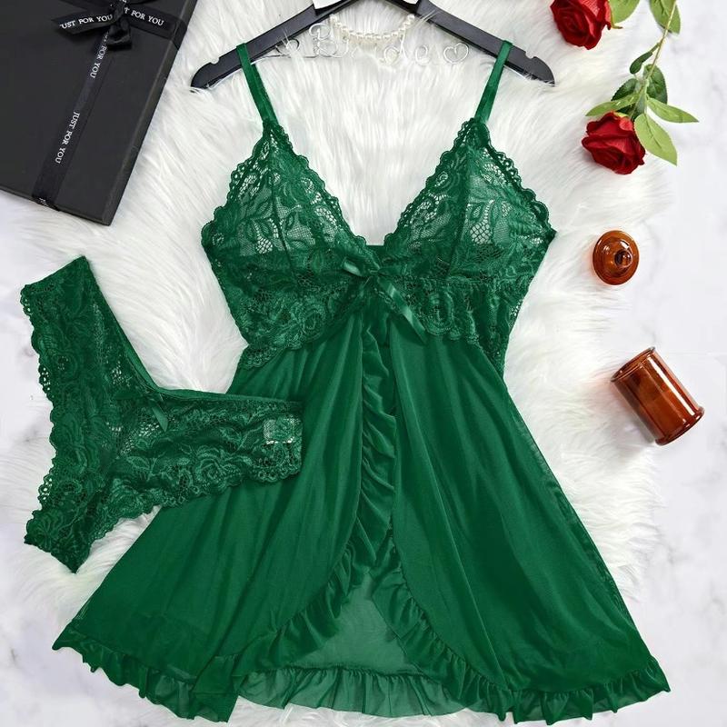 Women's Contrast Lace Ruffle Trim Wrap Cami Nightdress & Bow Front Panty Set, Adjustable Spaghetti Strap Backless Nightgown & Knicker Set, Underwear for Women, Sleepwear, Women sleep dress Loungewear Sleeveless pajamas night dress panty two-piece