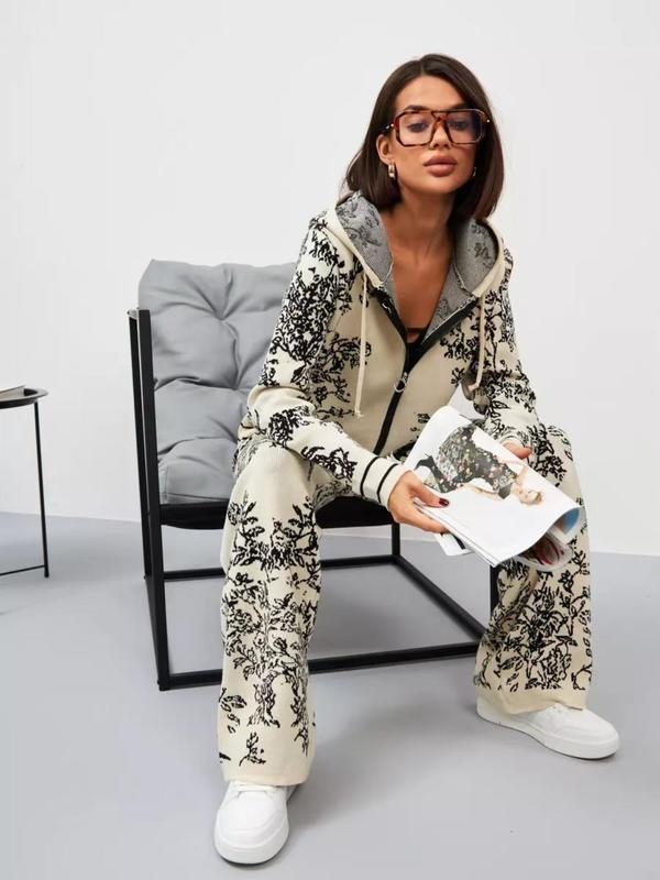 Women's All Over Print Zip Up Hooded Top & Wide Leg Pants Two-piece Set, Casual Fashion Cozy Two Piece Outfits for Daily Outdoor Wear, Pants Suit Sets for Women, Women Clothes for Fall & Winter