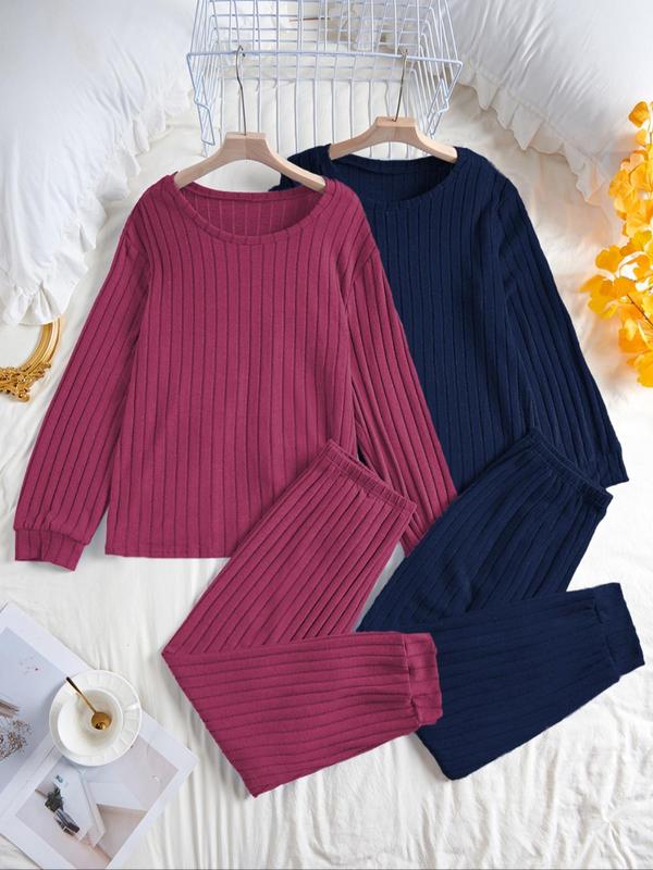  Solid Ribbed Long Sleeve Top & Leggings Loungewear Set, Casual Comfy Round Neck Top & Skinny Pants Lounge Set, Women's Loungewear for All Seasons