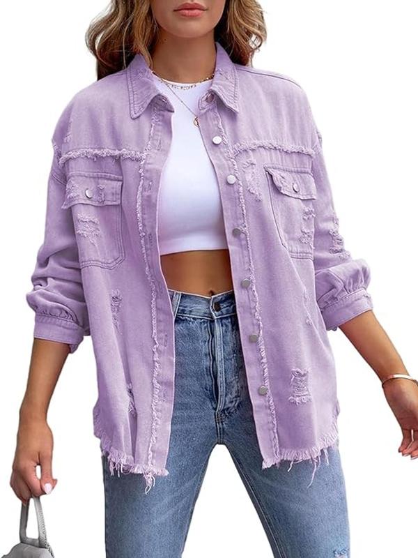 Plus Size Plain Ripped Pocket Button Front Raw Hem Denim Coat, Casual Jackets, Drop Shoulder Long Sleeve Collared Outerwear, Winter Clothes Women, Women's Clothes for Fall, Gift Set, Coats for Women, Jackets for Women, Fall Outfits, Fallfreshness