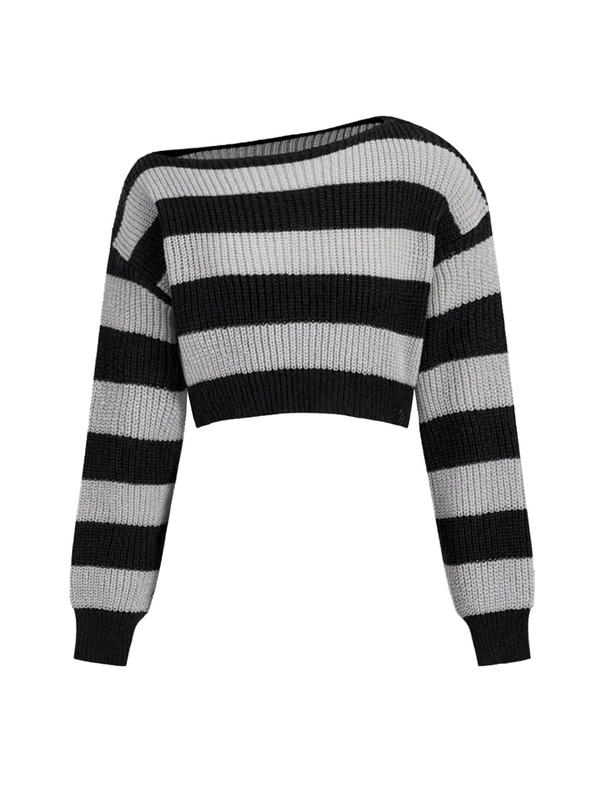 Women's Striped Print Drop Shoulder Crop Sweater, Casual Long Sleeve Asymmetrical Neck Jumper for Spring & Fall, Sweaters for Women, Women's Knitwear for Daily Wear