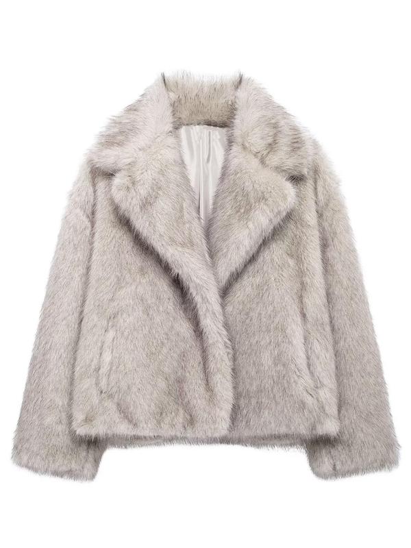 Women's Solid Pocket Lapel Faux Fur Jacket, Casual Long Sleeve Open Front Fuzzy Outerwear for Fall & Winter, Winter Clothes Women, Women's Clothing for Daily Wear