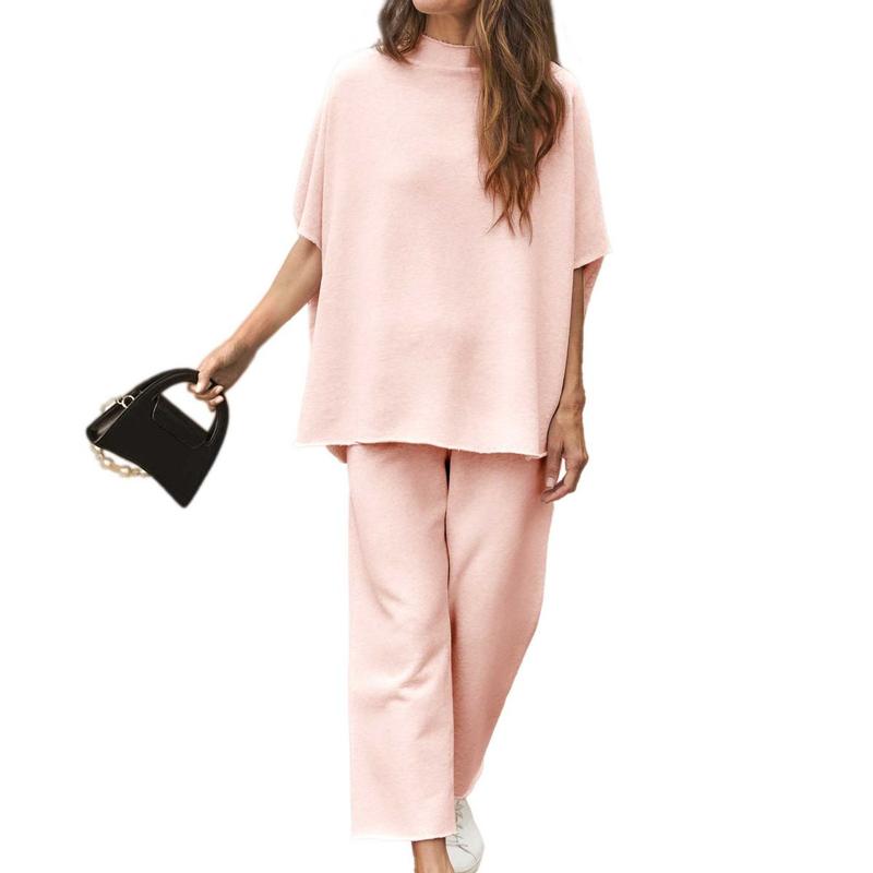 Women's 2 Piece Outfits Lounge Set 3 4 Batwing Sleeve Capelet Crew Neck Pullover Tops Wide Leg Pants Travel Set Soft  Womenswear