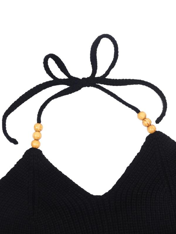 Women's Sun Embroidery Beaded Tie Back Halter Neck Crop Sweater Cami Top, Lady Casual Comfort Deep V Neck Backless Knit Top for Summer, Fashion Women's Knitwear for Daily Wear, Womenswear