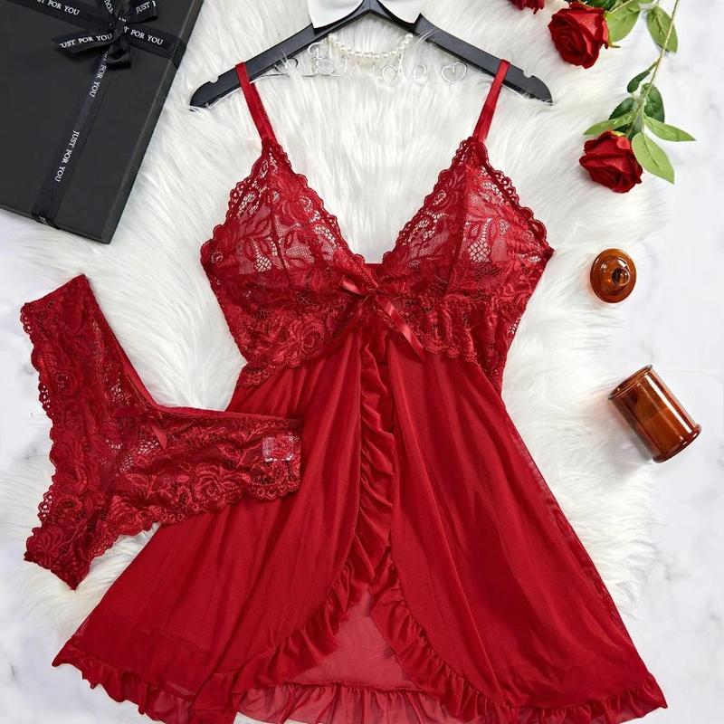 Women's Contrast Lace Ruffle Trim Wrap Cami Nightdress & Bow Front Panty Set, Adjustable Spaghetti Strap Backless Nightgown & Knicker Set, Underwear for Women, Sleepwear, Women sleep dress Loungewear Sleeveless pajamas night dress panty two-piece