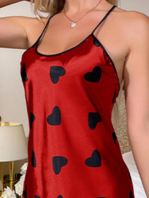 Women's Heart Print Criss Cross Cami Nightdress, Soft Comfortable Nightgown for Women, Lady Sleepwear for All Seasons