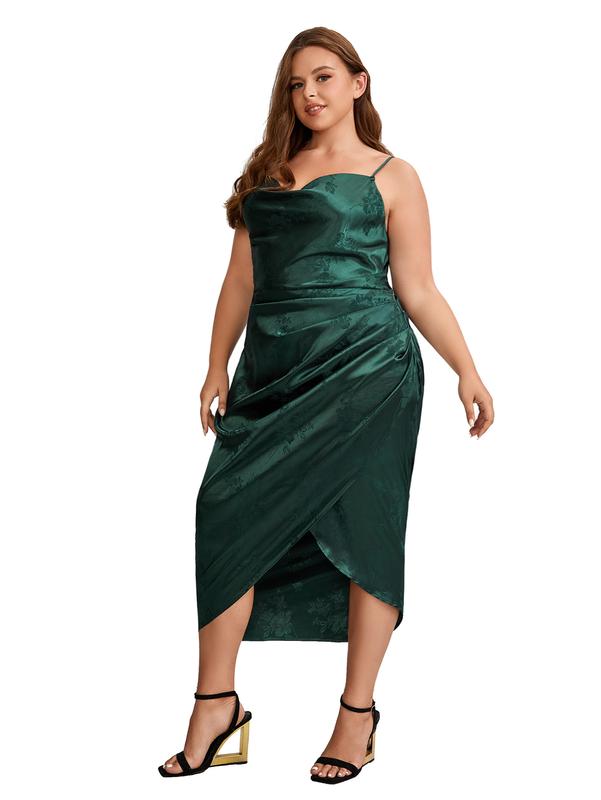 Plus Size Satin Spaghetti Strap Cowl Neck Wrap Party Cami Dress