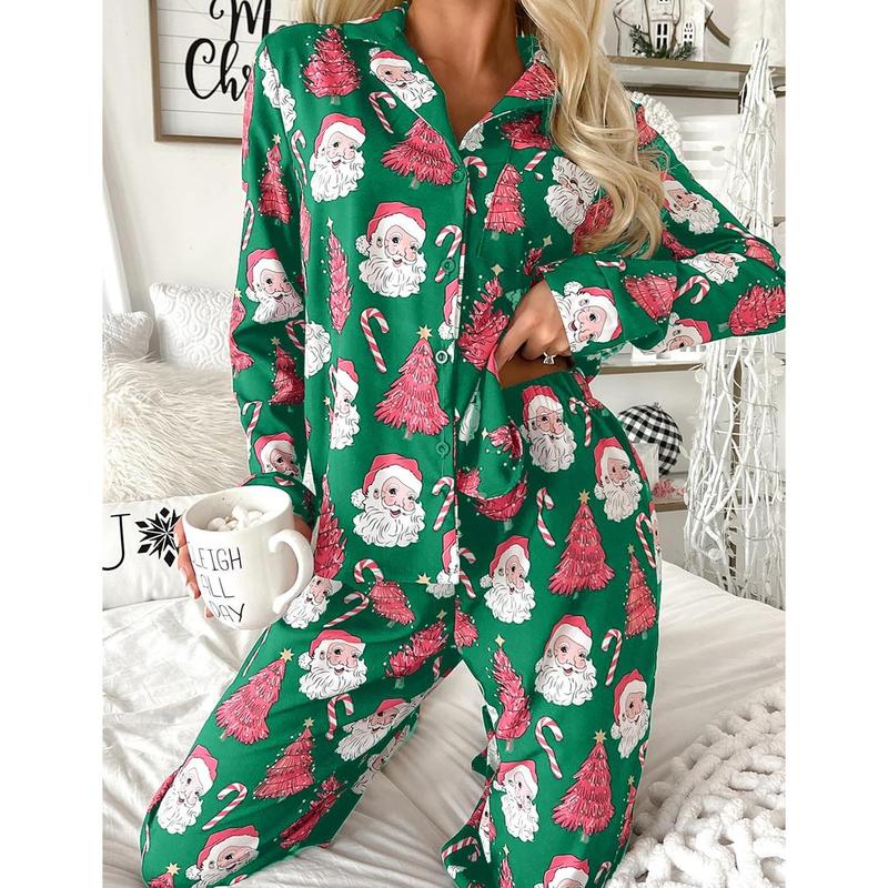 Women Christmas Pajamas Set Santa Christmas Tree Print Long Sleeve Button Up Shirt + Elastic Waist Pants 2 Piece Loungewear Outfit