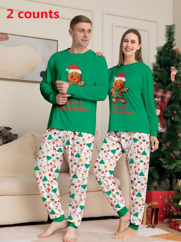 Two-piece Set Couple's Christmas Print Pajama Set, Casual Comfy Long Sleeve Crew Neck Sleep Tee & Elastic Waist Pants PJ Set, Couple's Sleepwear for Spring & Fall