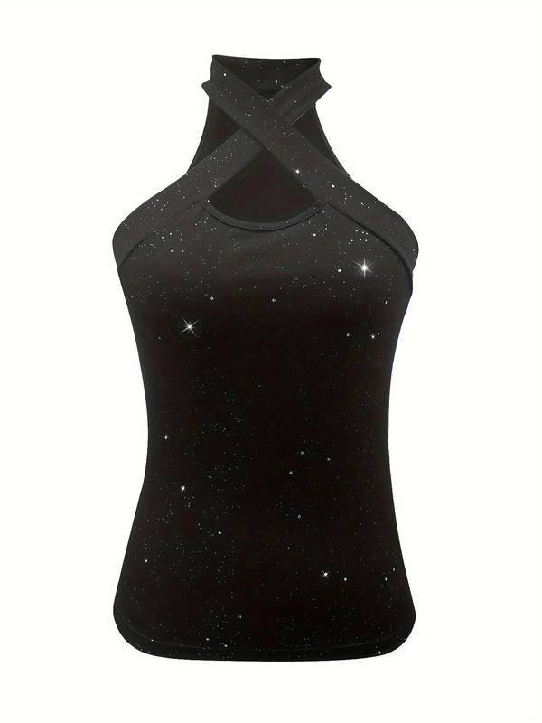 Women's Glitter Sequin Decor Criss Cross Cut Out Halter Neck Tank Top, Fashion Casual Sleeveless Top for Daily Wear, Ladies Clothes for All Seasons