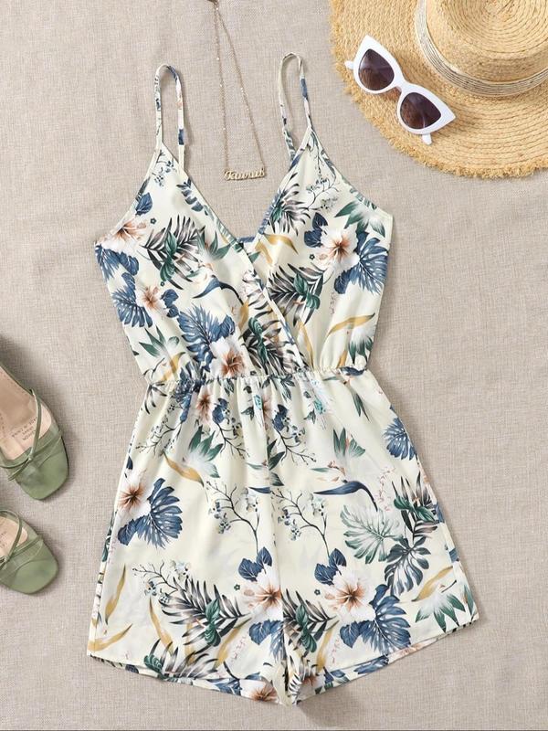 Women's Floral Print Ruched Wrap Vintage Cami Romper, Boho Casual Sleeveless Adjustable Strap Romper for Summer, Ladies Clothes for Beach Holiday Vacation