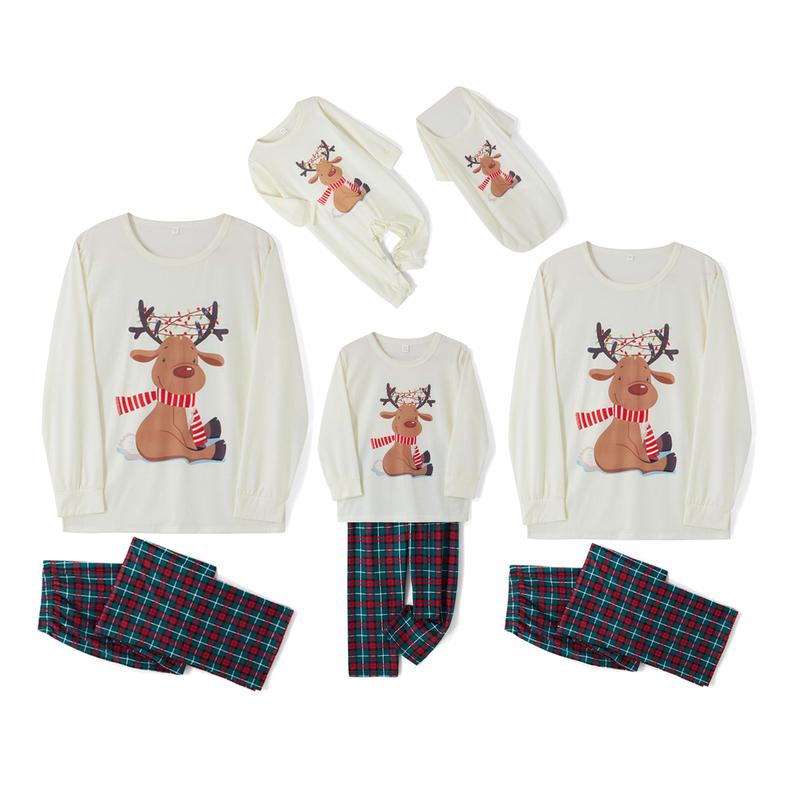 2024 New Family Christmas Pajamas Matching Set, Elk Print Long-Sleeve Tops with Plaid Pants Xmas Pj's Clothes Homewear Sleepwear Loungewear Nightwear for Adult, Kid, Baby, Dog Womenswear Polyester