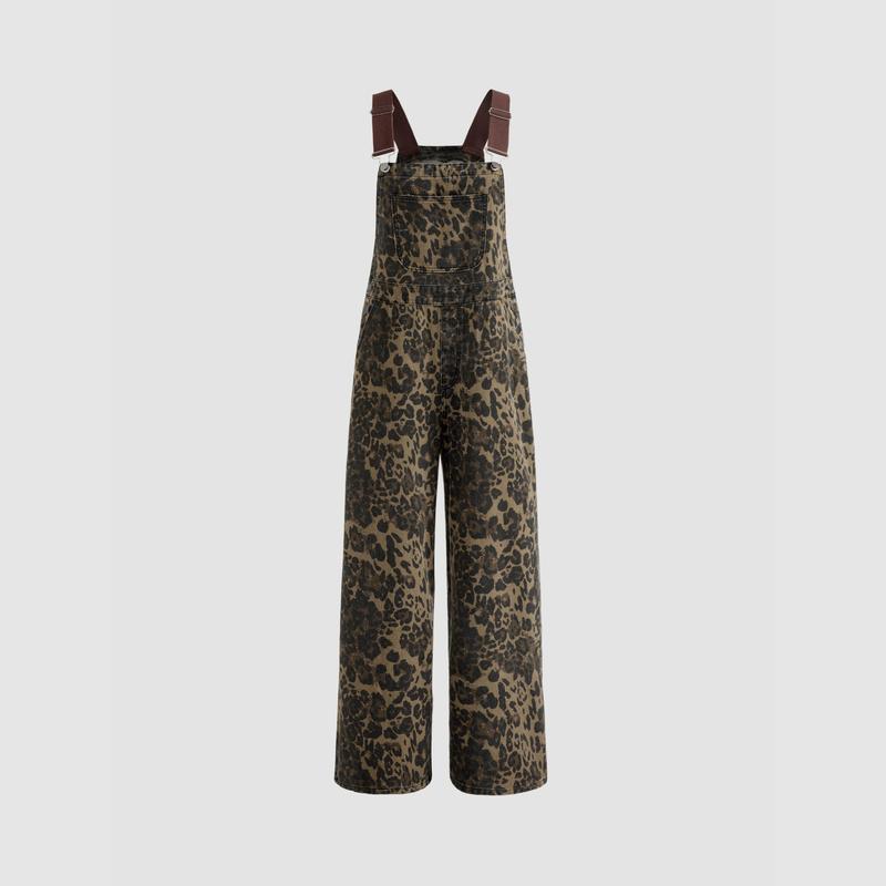 Cider [size 0-26] Oversized Denim Leopard Pocket Buckle Up Wide Leg Jumpsuit, Womenswear Overalls