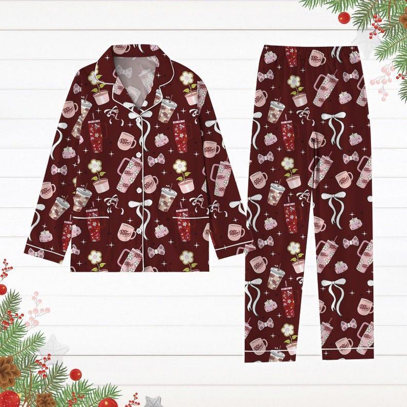 Dr Pepper Pajamas Set, Pepper Coquette Bow Holiday Pajamas, Soda Lover Christmas Shirt, Pajamas For Party, Pj Set Pants, Set Of Pajamas