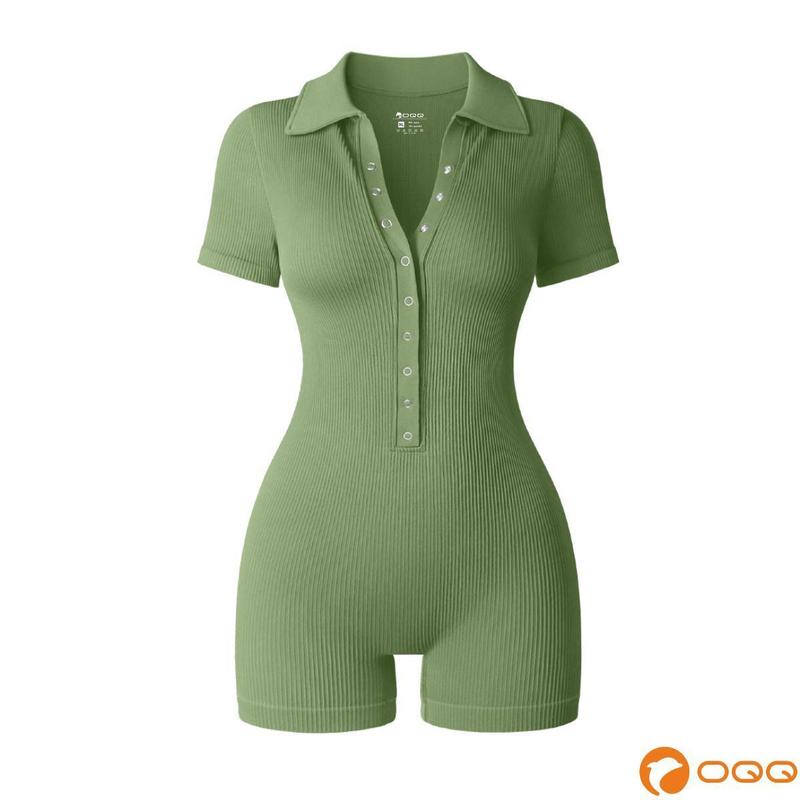 OQQ Women's Solid Color V-Neck Short Sleeve Jumpsuit with Collar and Buttons - Spandex, Womenswear