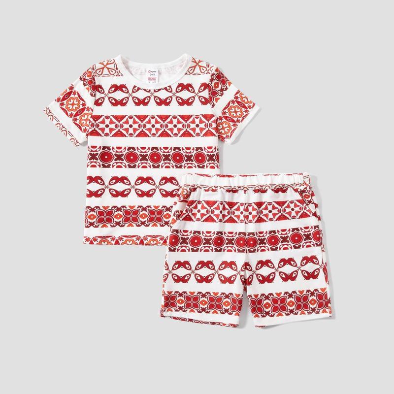 PatPat Family Matching Fair Isle Printed Short-Sleeve Top and Pocketed Shorts Pajamas Sets