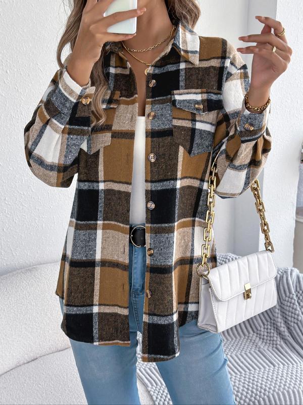 Women's Color-blocked Plaid Print Button Front Drop Shoulder Shirt Coat, Casual Long Sleeve Collared Flannel Outerwear for Fall & Winter, Ladies Clothes for Daily Wear