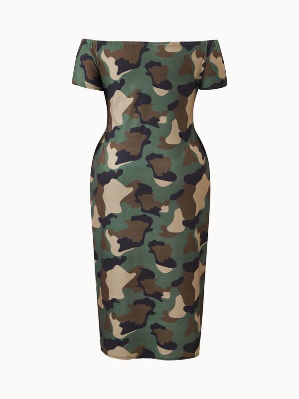  All Over Print Off Shoulder Camo Dress, Casual Loose Short Sleeve Long Dress for Summer, Back To School Outfits, Dresses for Women, Summer Dresses 2024, Women's Clothes for Daily Wear, Plus Size Fall Outfits 2024， Moo Moo Dresses