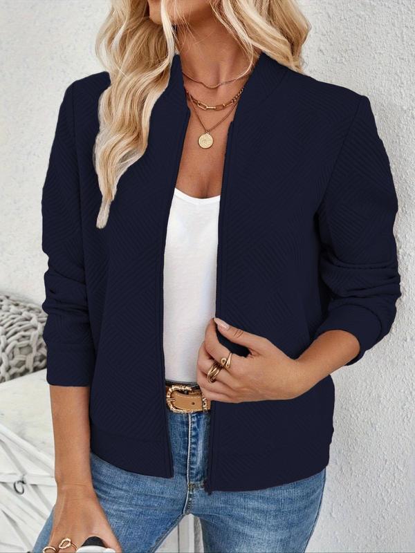 Women's Solid Jacquard Long Sleeve Zip Up Jacket, Casual Open Front Outerwear for Spring & Fall, Ladies Clothes for Daily Wear