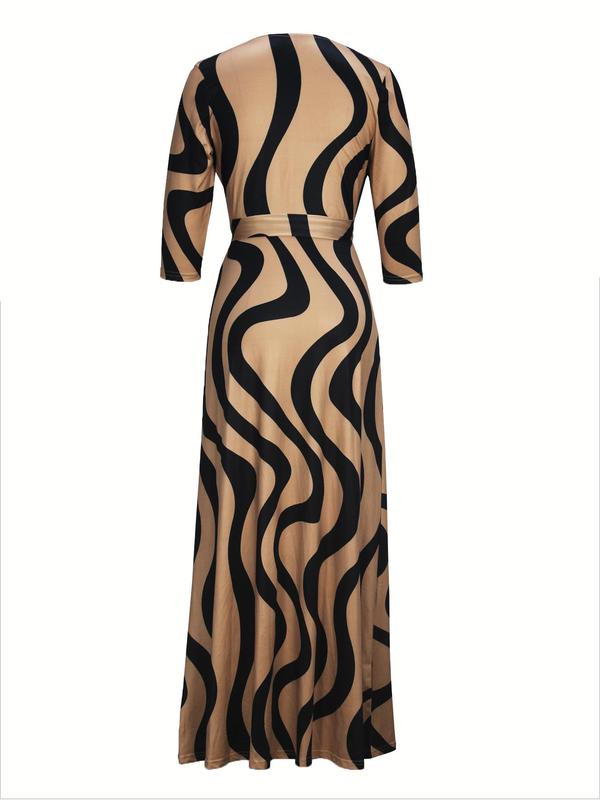 Women's All Over Print Belted Wrap Dress, Elegant V Neck 3 4 Sleeve Long Dress for Summer,  Dresses for Women, Women's Clothing for Daily Wear