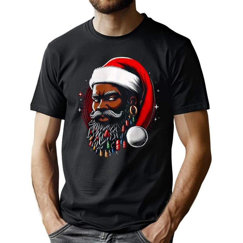 Santa Christmas African American Pyjamas Cool Black X-Mas T-Shirt, 100% Cotton, Halloween Thanksgiving Christmas Gift for Men Women Family Friends, S-XXXL, Black