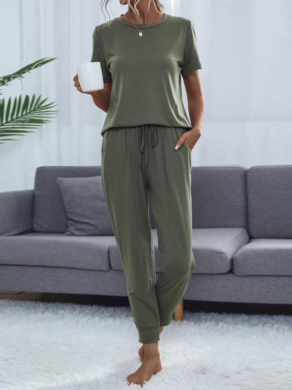 Two-Piece Set Women's Solid Color Round Neck Tee & Pocket Tie Front Pants Set, Casual Short Sleeve T-Shirt & Trousers for Daily Wear, Ladies Two-Piece Outfits for All Seasons